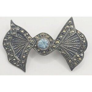 Boma 925 Sterling Silver Brooch Blue Gem Marcasite Stones Bow Tie Estate Vtg
